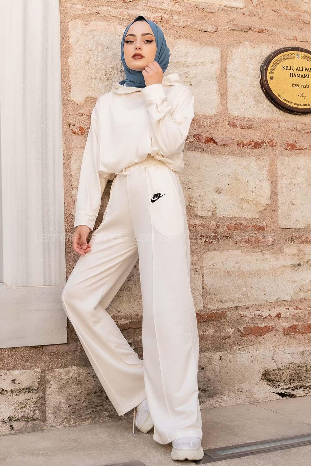Modalamelif Nıke Nakışlı Kapüşonlu İkili Takım Ekru