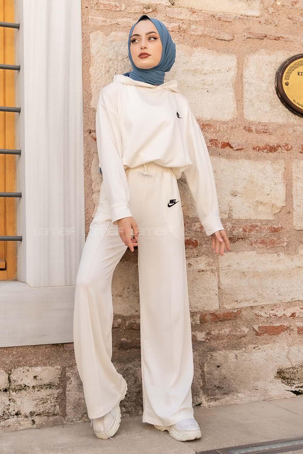Modalamelif Nıke Nakışlı Kapüşonlu İkili Takım Ekru