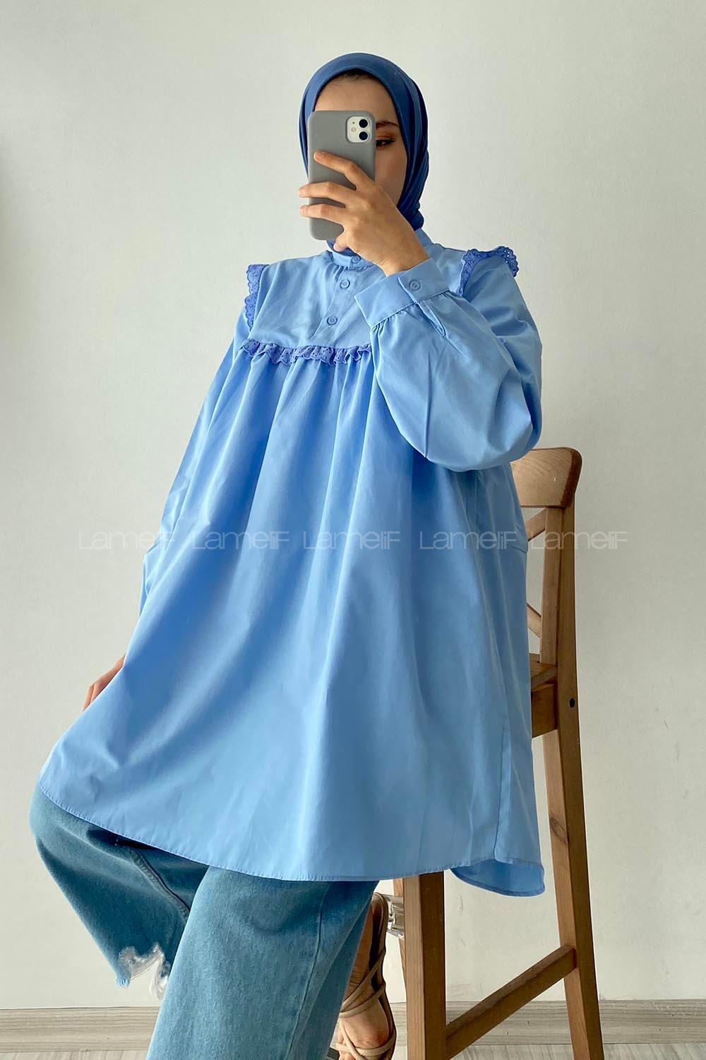 Modalamelif Önü Fırfırlı Gömlek Açık Mavi