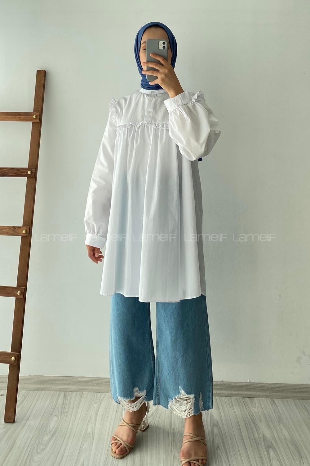 Modalamelif Önü Fırfırlı Gömlek Beyaz