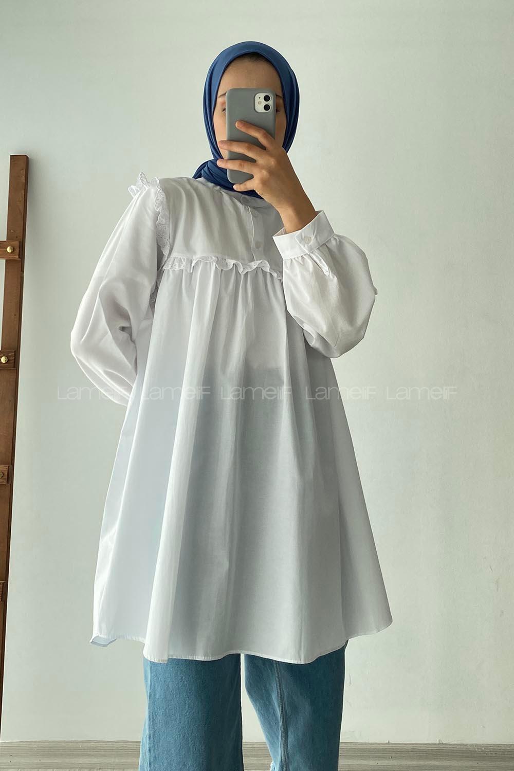 Modalamelif Önü Fırfırlı Gömlek Beyaz