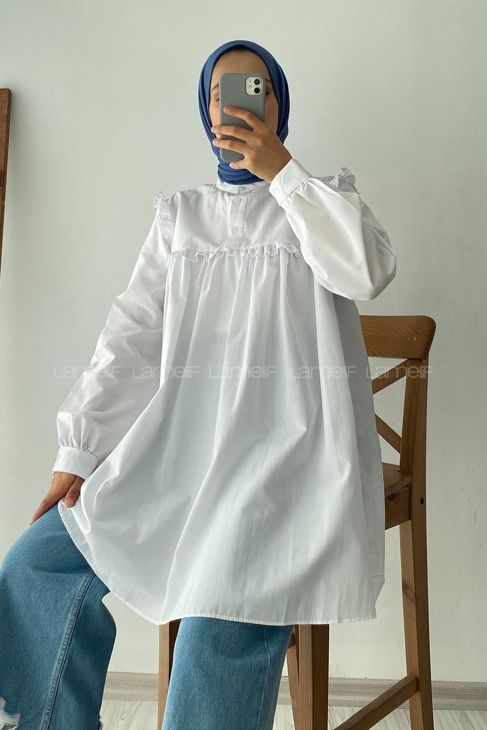 Modalamelif Önü Fırfırlı Gömlek Beyaz