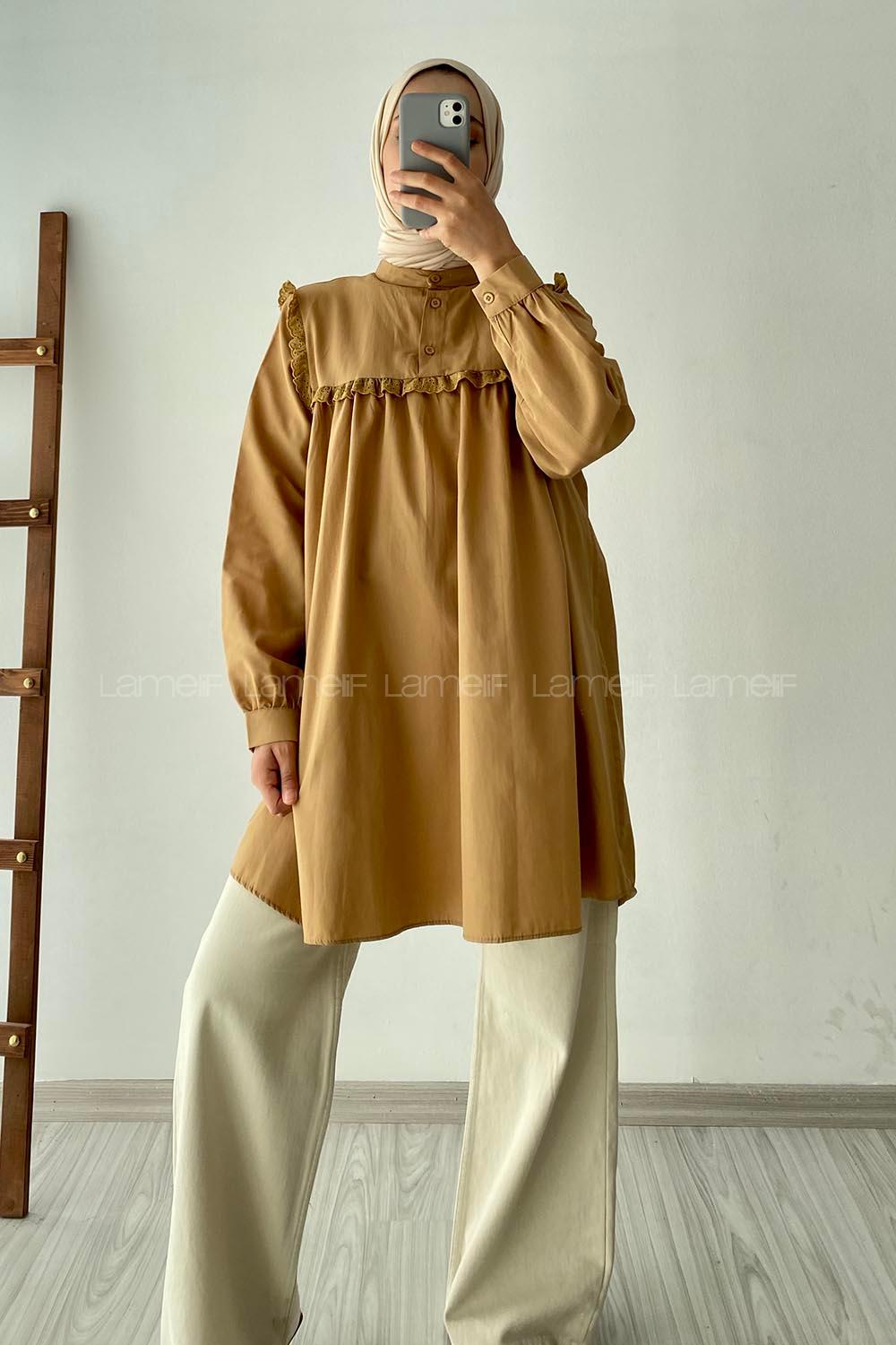 Modalamelif Önü Fırfırlı Gömlek Camel