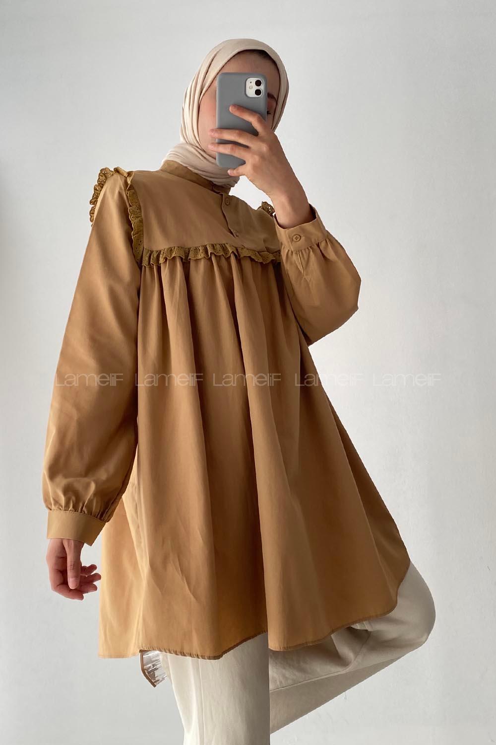 Modalamelif Önü Fırfırlı Gömlek Camel