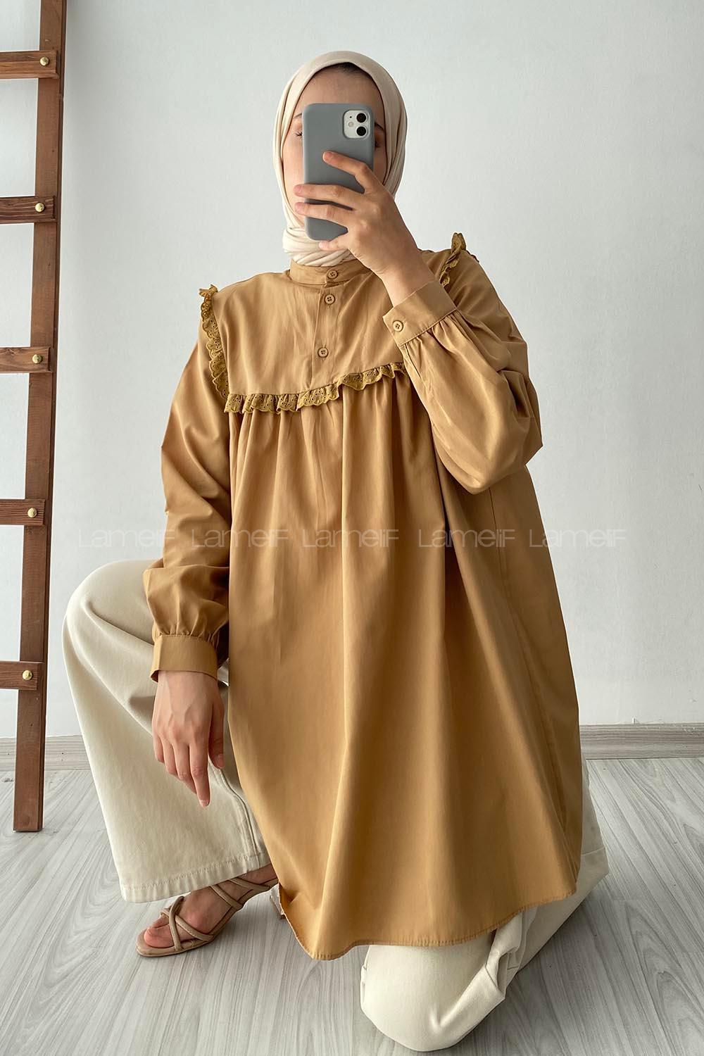 Modalamelif Önü Fırfırlı Gömlek Camel