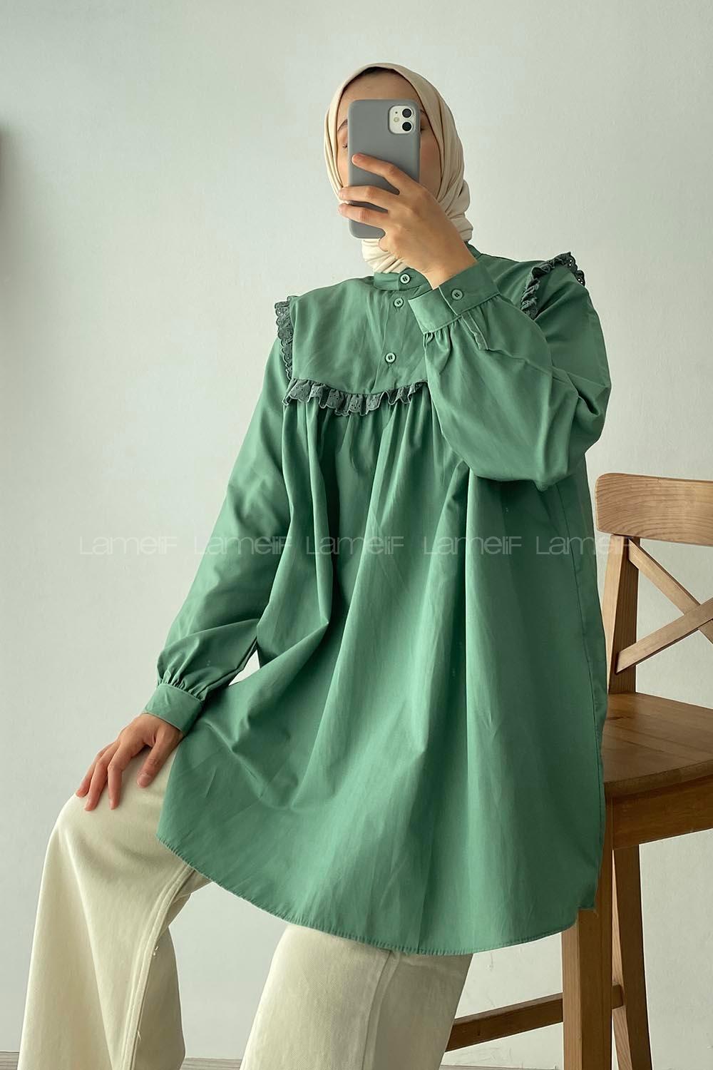 Modalamelif Önü Fırfırlı Gömlek Pastel Yeşili