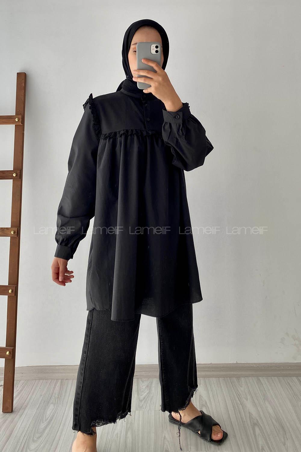 Modalamelif Önü Fırfırlı Gömlek Siyah