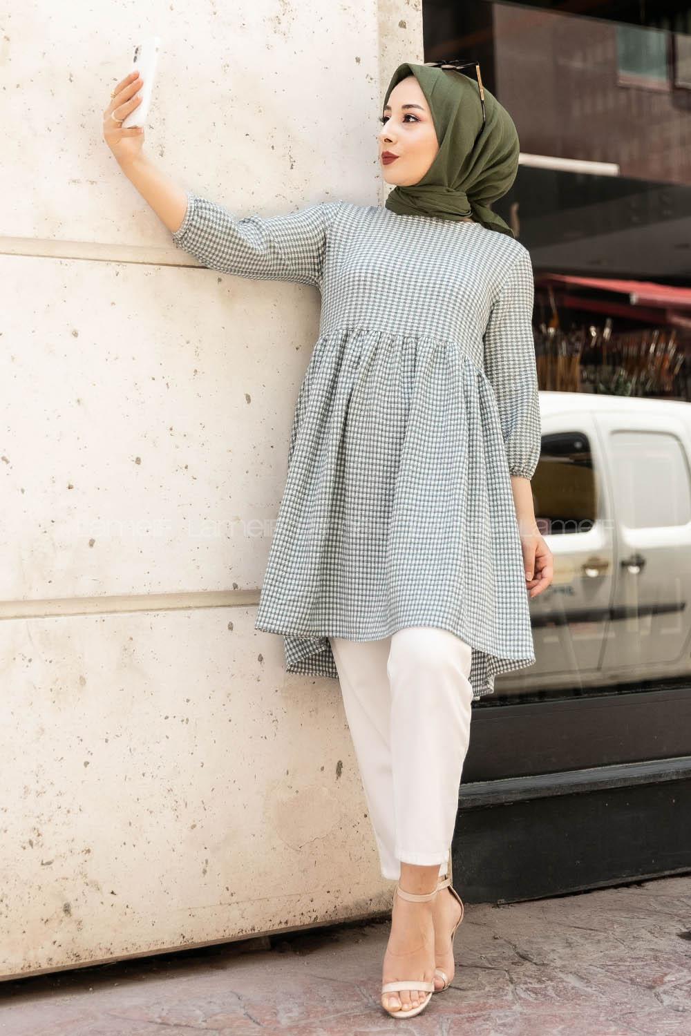 Modalamelif Pötikare Desenli Kolu Lastikli Gofre Tunik Çağla Yeşili