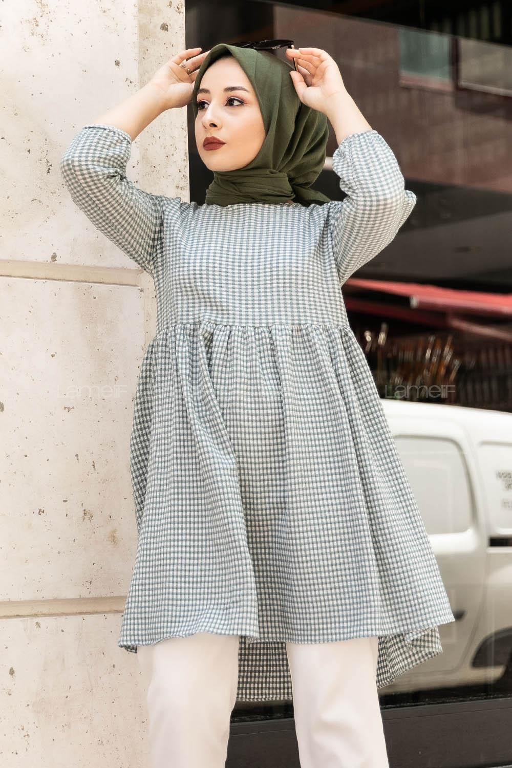 Modalamelif Pötikare Desenli Kolu Lastikli Gofre Tunik Çağla Yeşili