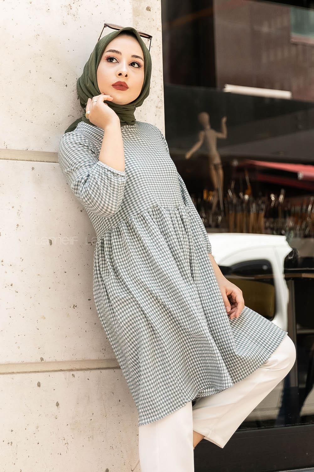 Modalamelif Pötikare Desenli Kolu Lastikli Gofre Tunik Çağla Yeşili