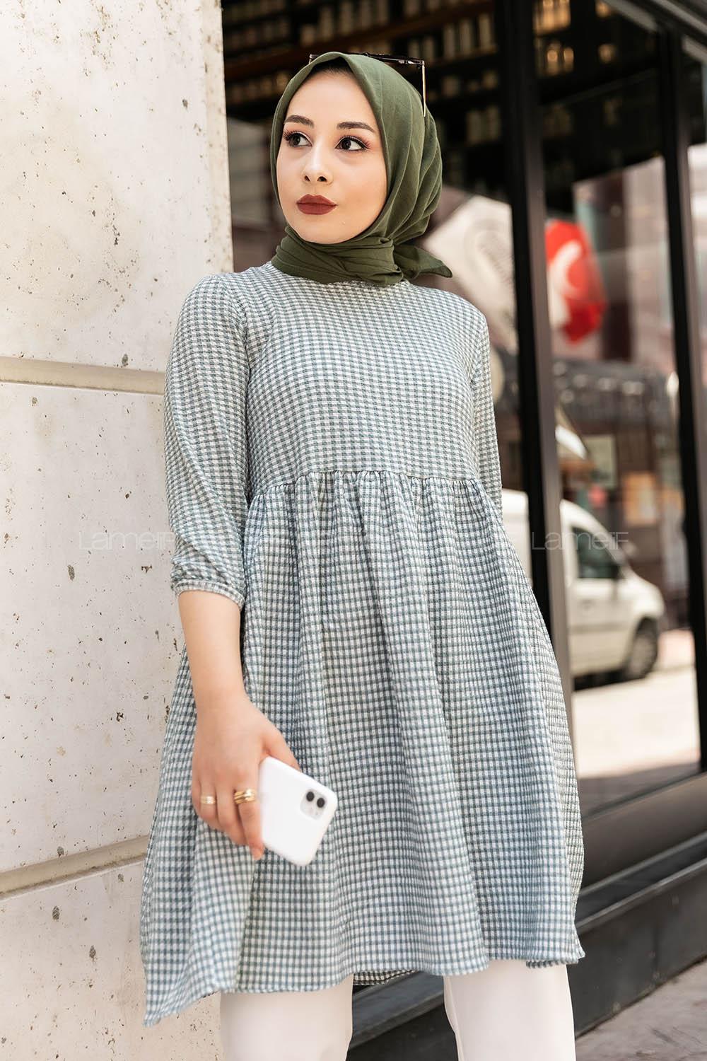 Modalamelif Pötikare Desenli Kolu Lastikli Gofre Tunik Çağla Yeşili