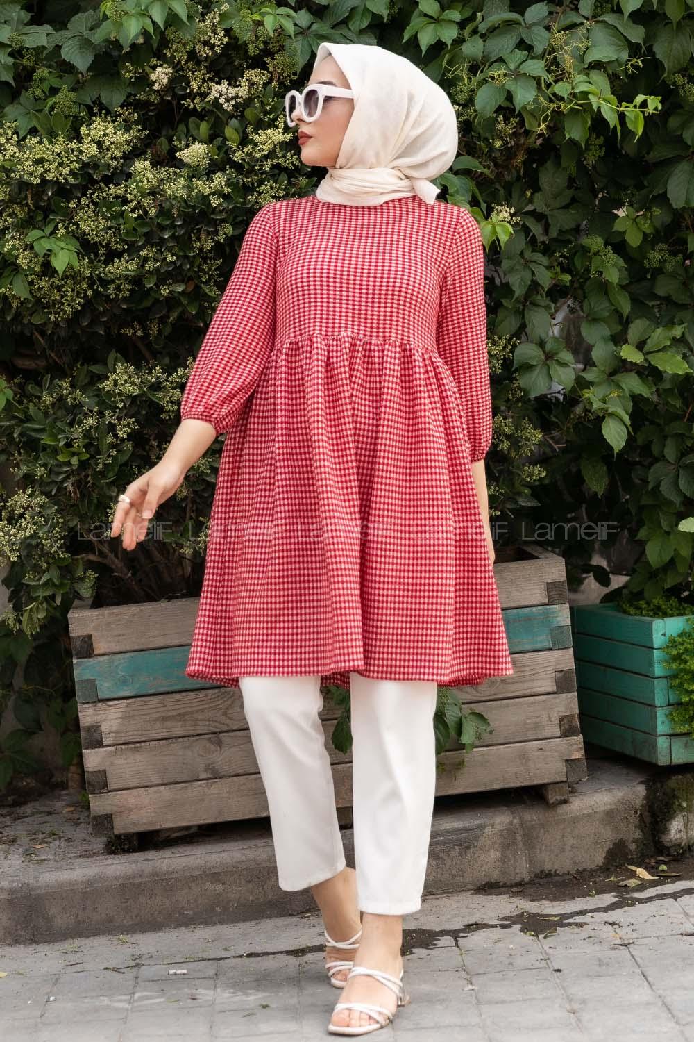 Modalamelif Pötikare Desenli Kolu Lastikli Gofre Tunik Kırmızı