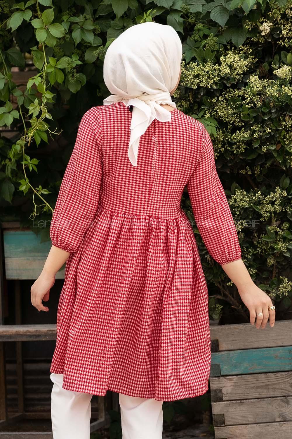 Modalamelif Pötikare Desenli Kolu Lastikli Gofre Tunik Kırmızı