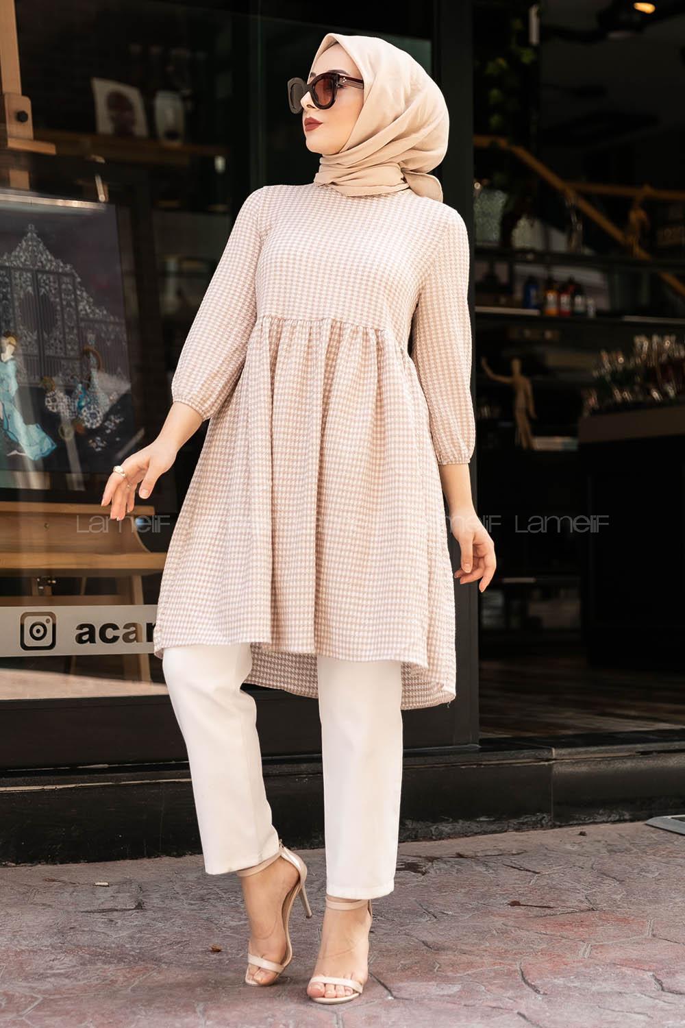 Modalamelif Pötikare Desenli Kolu Lastikli Gofre Tunik Sütlü Kahve