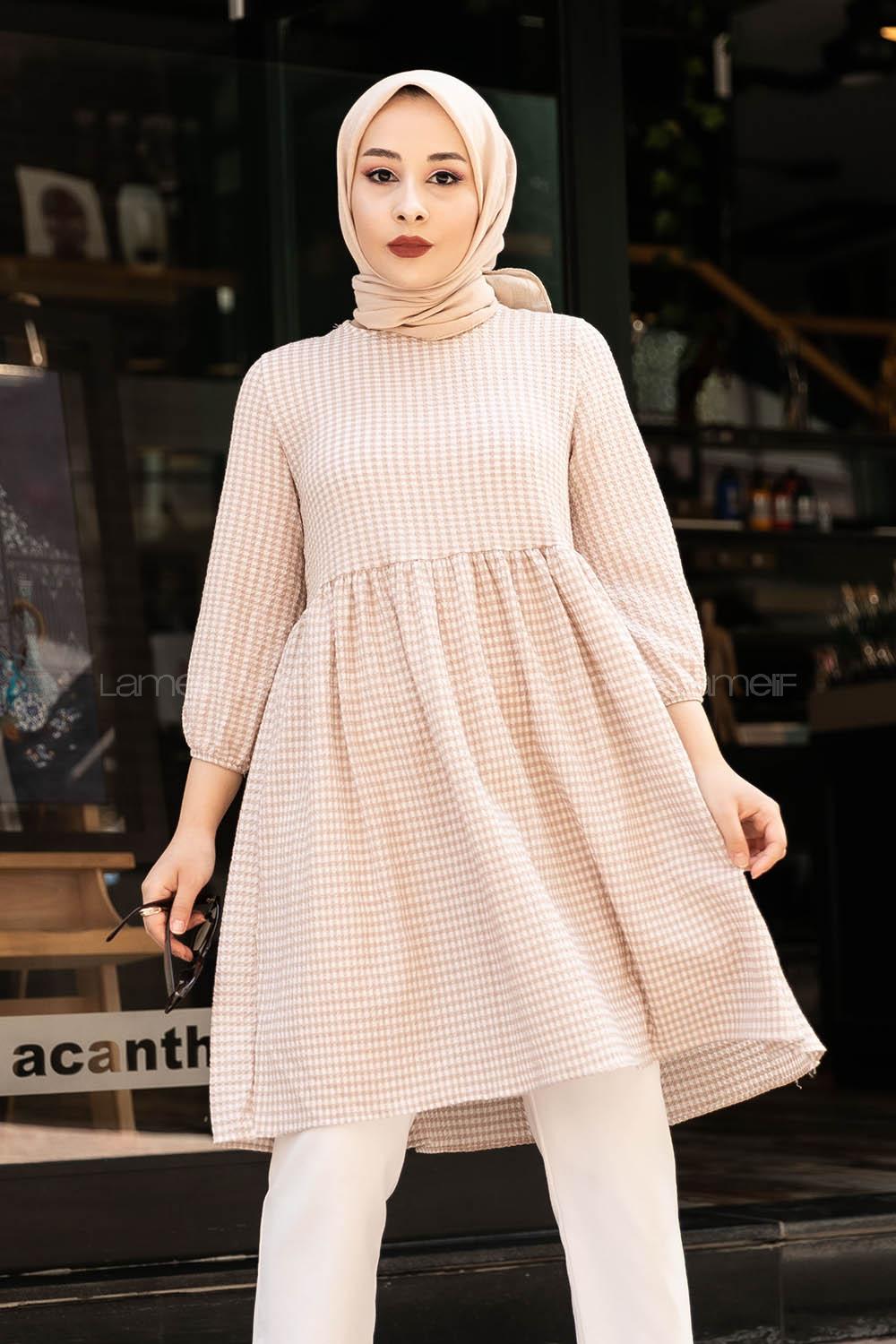 Modalamelif Pötikare Desenli Kolu Lastikli Gofre Tunik Sütlü Kahve