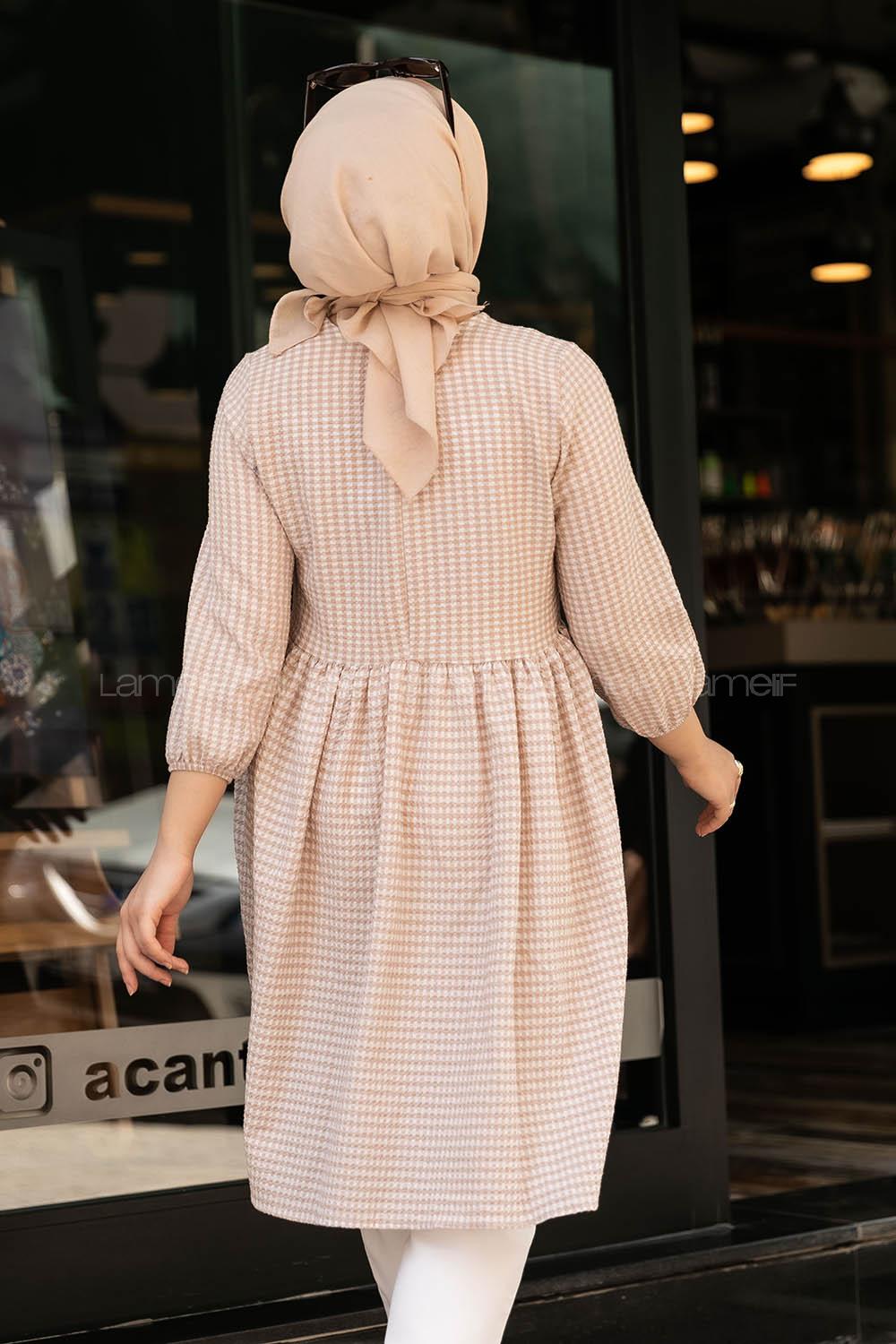 Modalamelif Pötikare Desenli Kolu Lastikli Gofre Tunik Sütlü Kahve