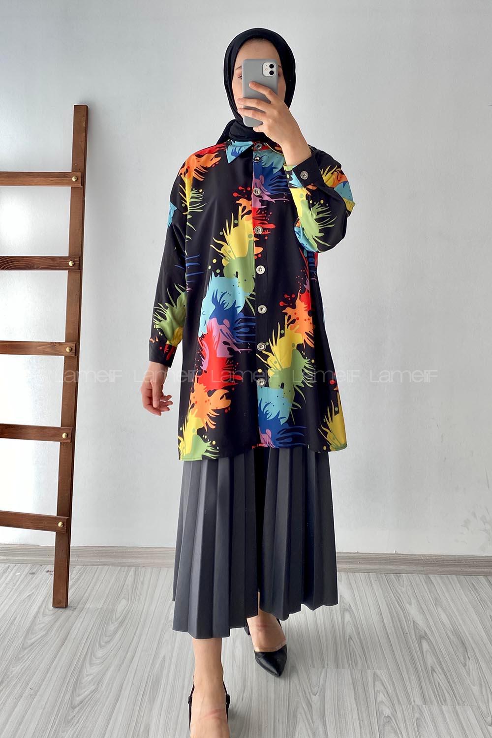 Modalamelif Renkli Püskürtme Desenli Önü Düğmeli Gömlek Siyah