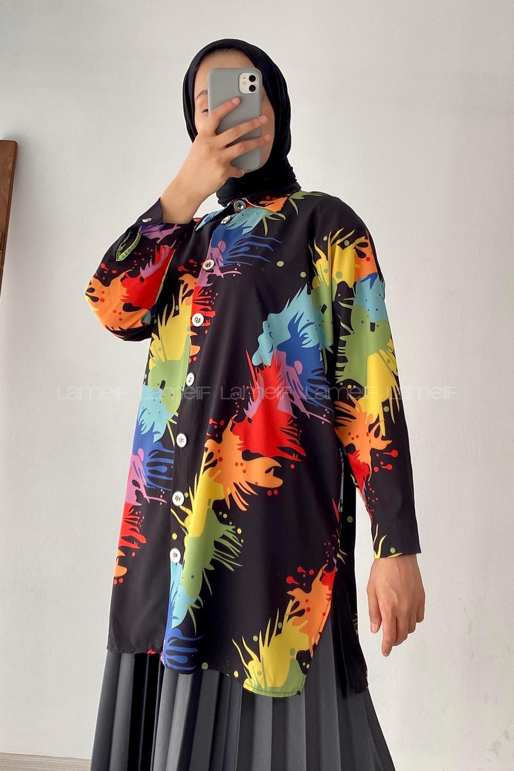 Modalamelif Renkli Püskürtme Desenli Önü Düğmeli Gömlek Siyah