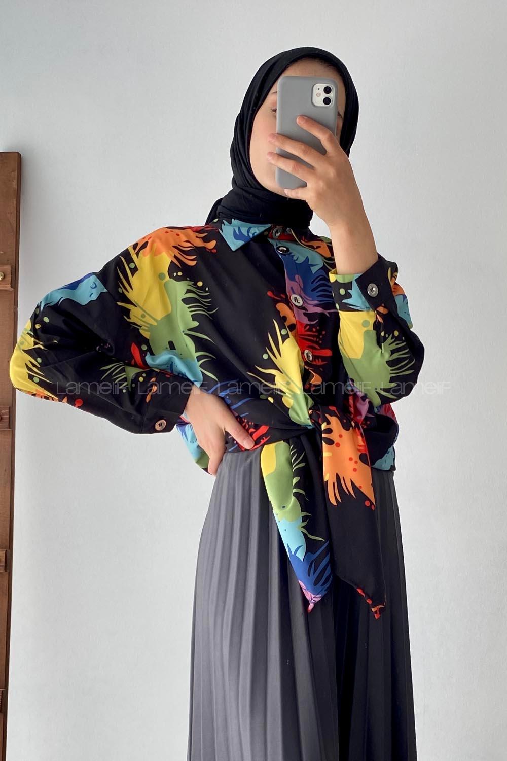 Modalamelif Renkli Püskürtme Desenli Önü Düğmeli Gömlek Siyah