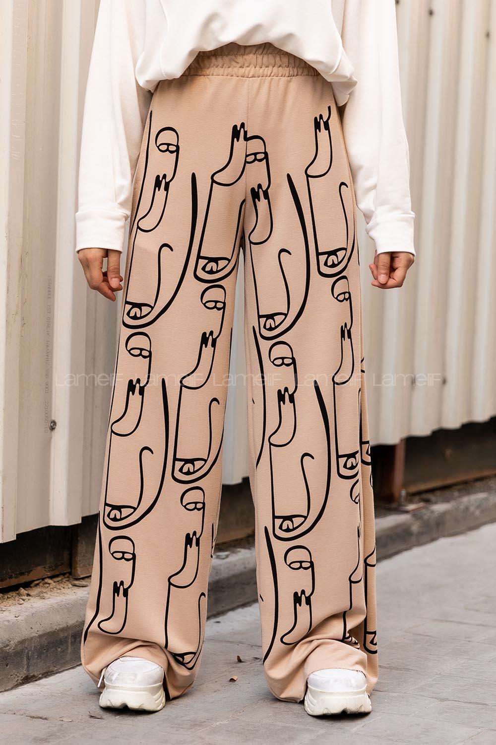 Modalamelif Yüz Baskılı  Detaylı Yan Cepli Bol Paça Pantolon Sütlü Kahve