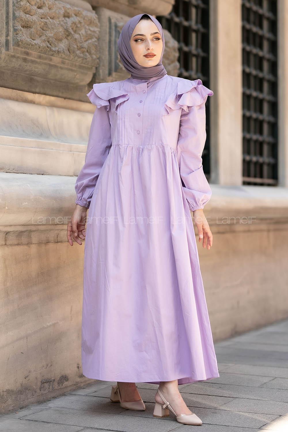Modalamelif Kol Fırfırlı Pileli Elbise Lila
