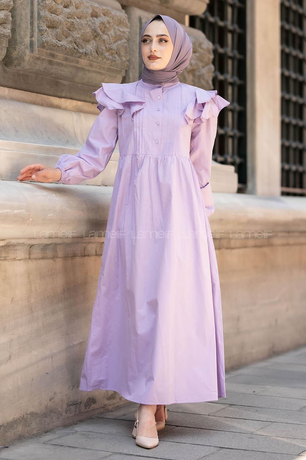 Modalamelif Kol Fırfırlı Pileli Elbise Lila