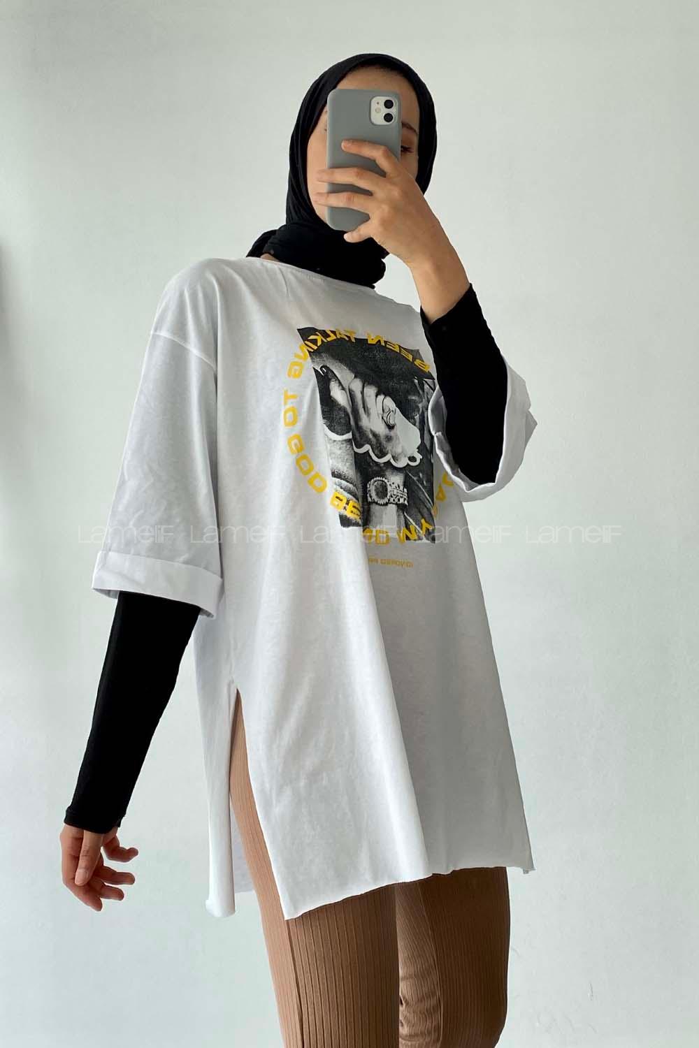 Modalamelif Been Talkıng Yazılı Baskılı Yanı Yırtmaçlı  T-Shirt Beyaz