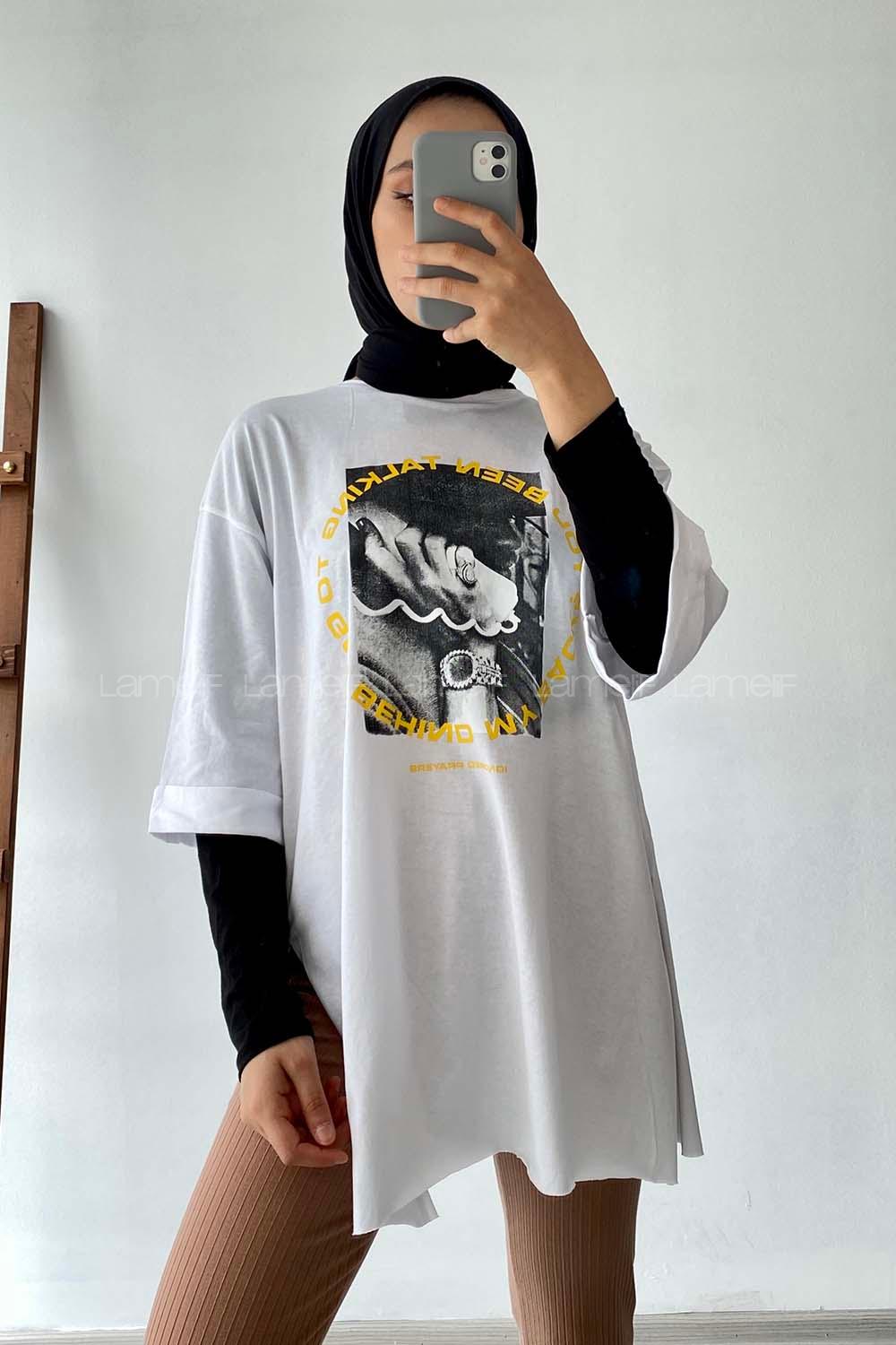 Modalamelif Been Talkıng Yazılı Baskılı Yanı Yırtmaçlı  T-Shirt Beyaz