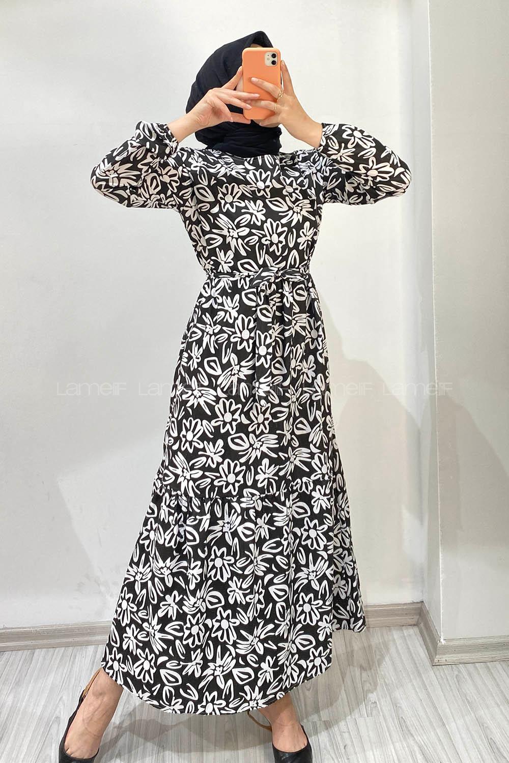 Modalamelif Beli Kuşaklı Çiçek Desenli Elbise Siyah