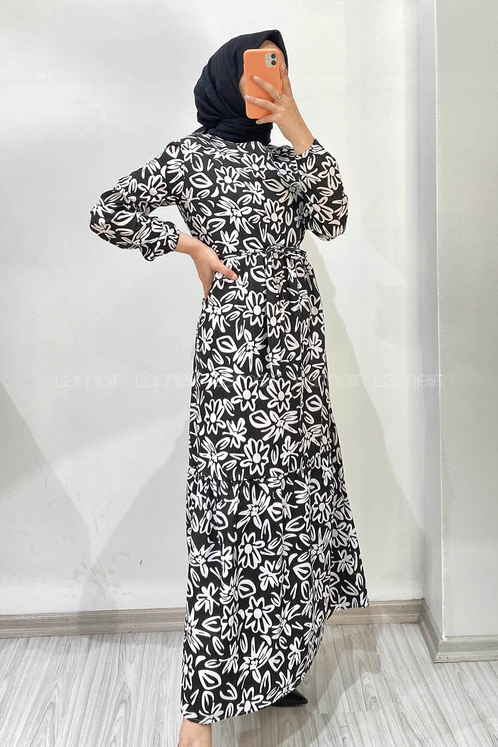 Modalamelif Beli Kuşaklı Çiçek Desenli Elbise Siyah