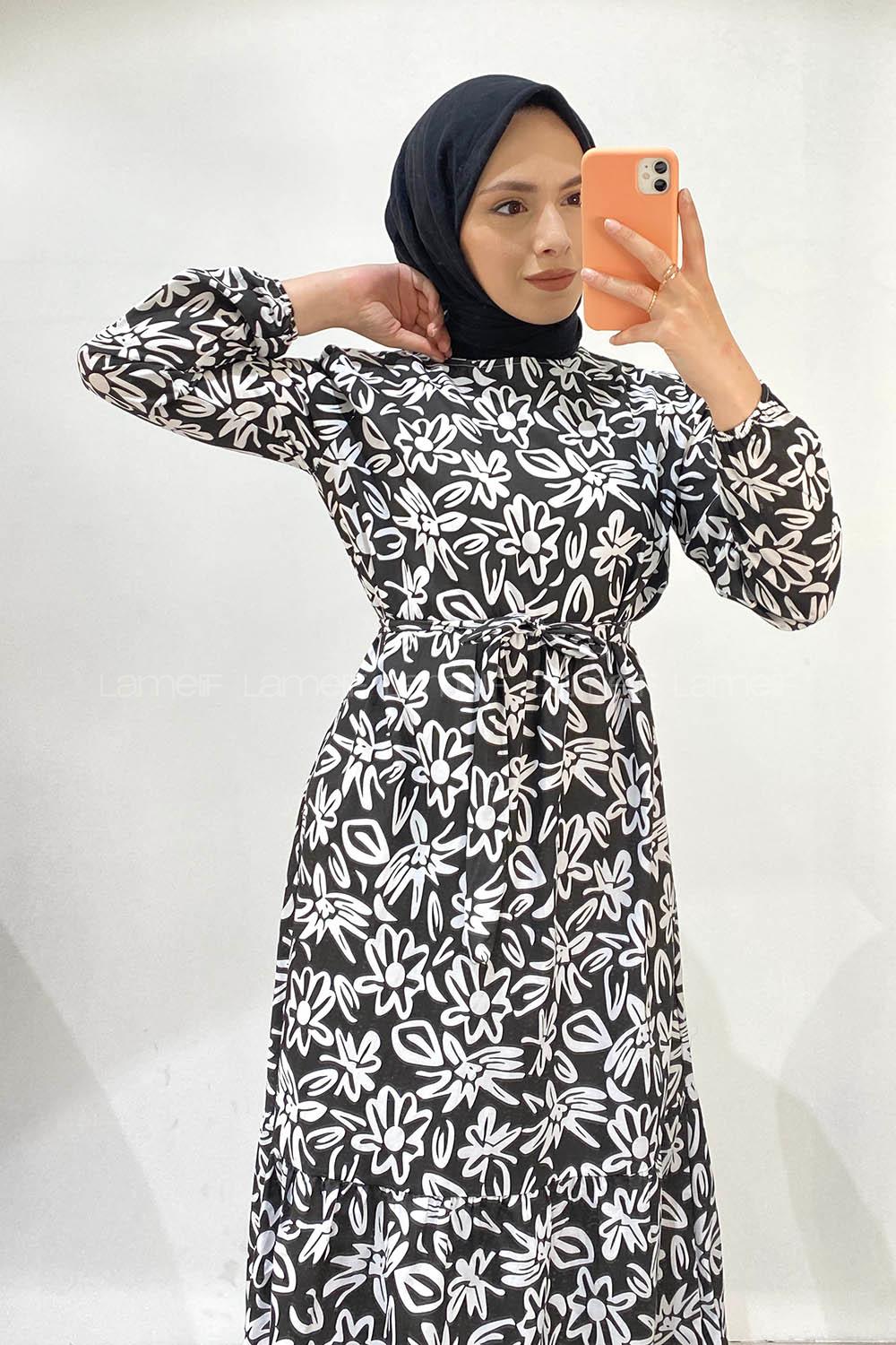 Modalamelif Beli Kuşaklı Çiçek Desenli Elbise Siyah