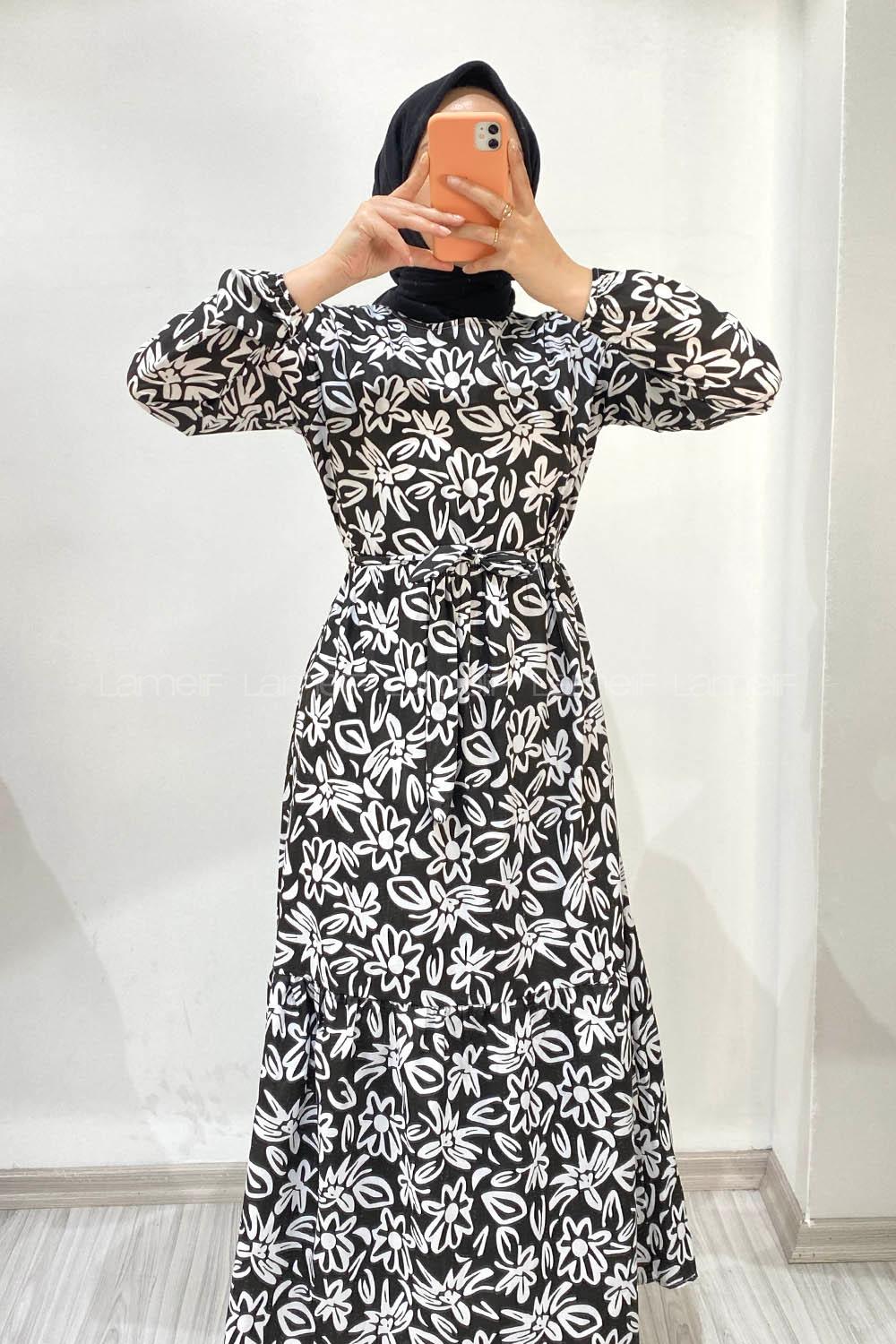 Modalamelif Beli Kuşaklı Çiçek Desenli Elbise Siyah