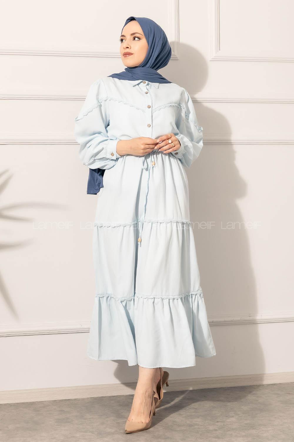 Modalamelif Önü Düğmeli Dantelli Elbise Açık Mavi