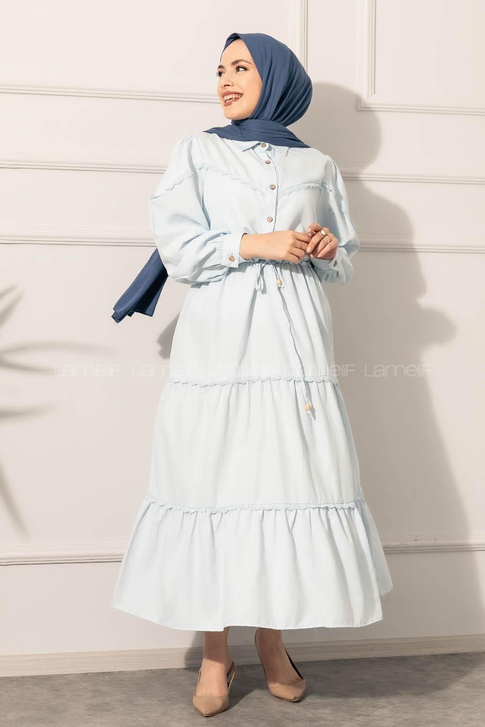 Modalamelif Önü Düğmeli Dantelli Elbise Açık Mavi