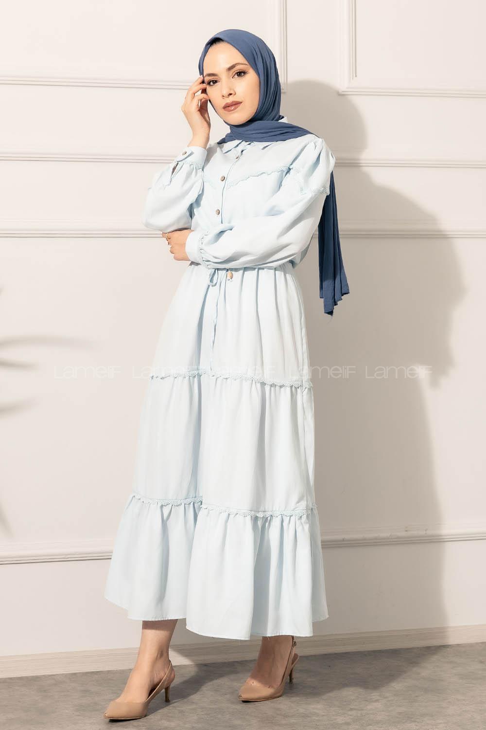 Modalamelif Önü Düğmeli Dantelli Elbise Açık Mavi