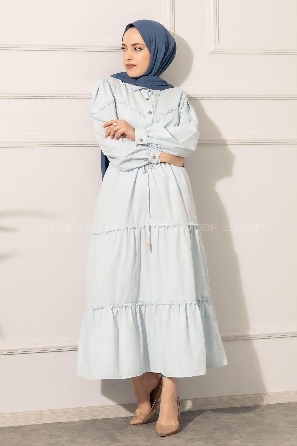 Modalamelif Önü Düğmeli Dantelli Elbise Açık Mavi