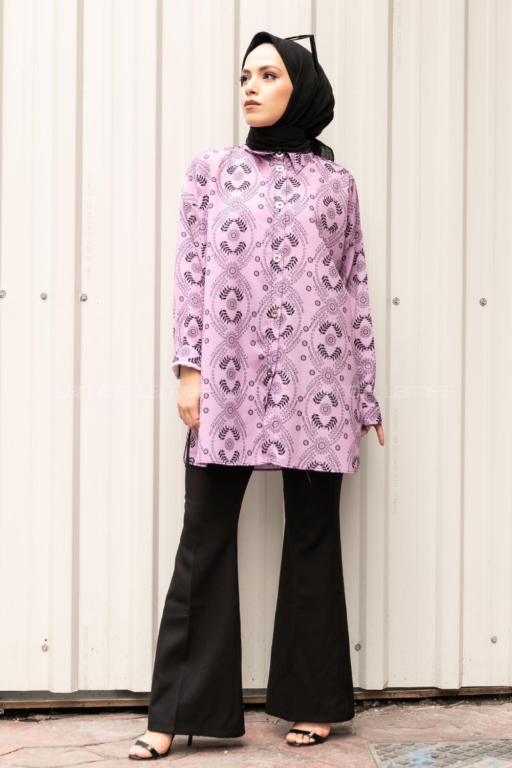 Modalamelif Etnik Desen Dijital Baskı Gömlek Mor
