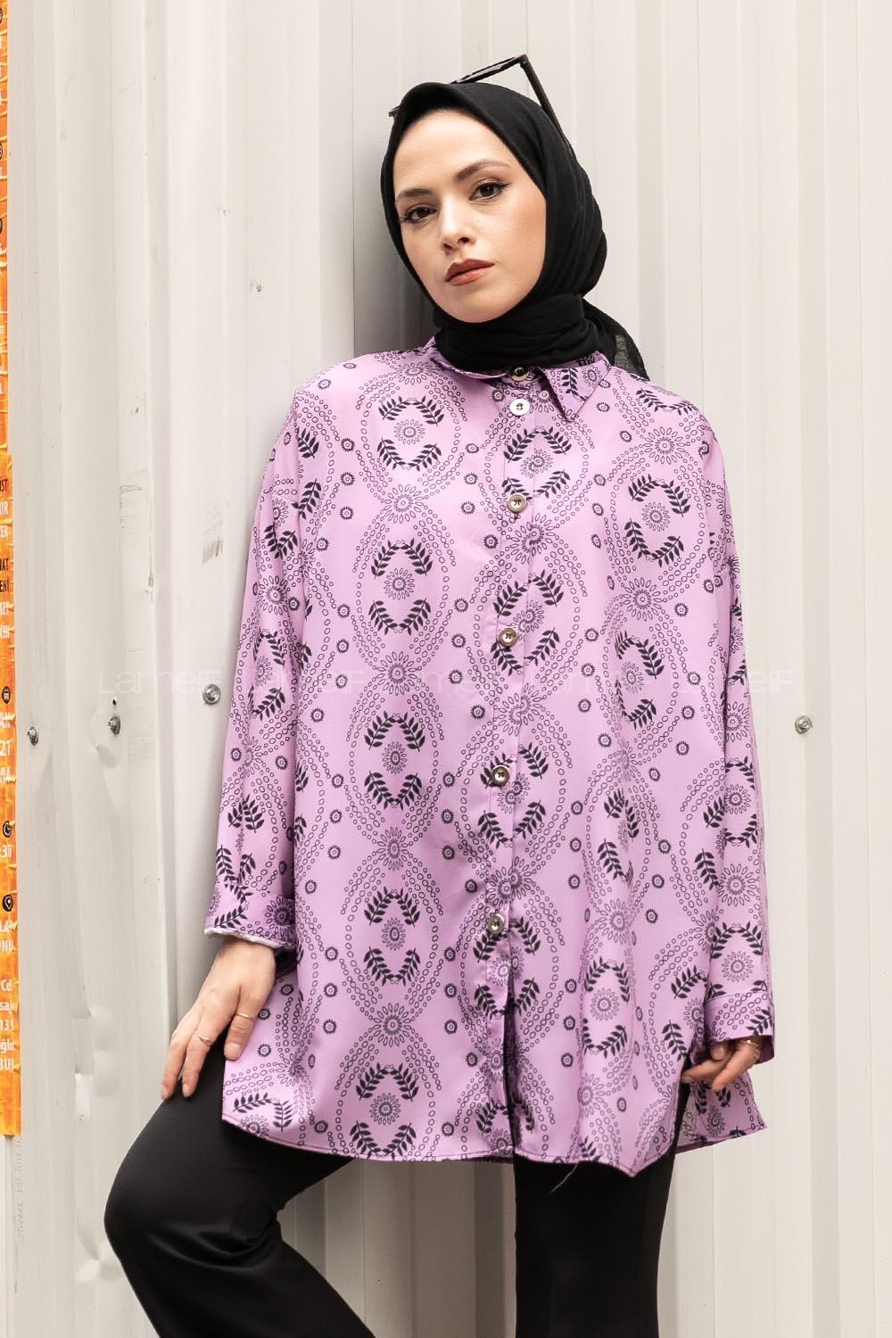 Modalamelif Etnik Desen Dijital Baskı Gömlek Mor