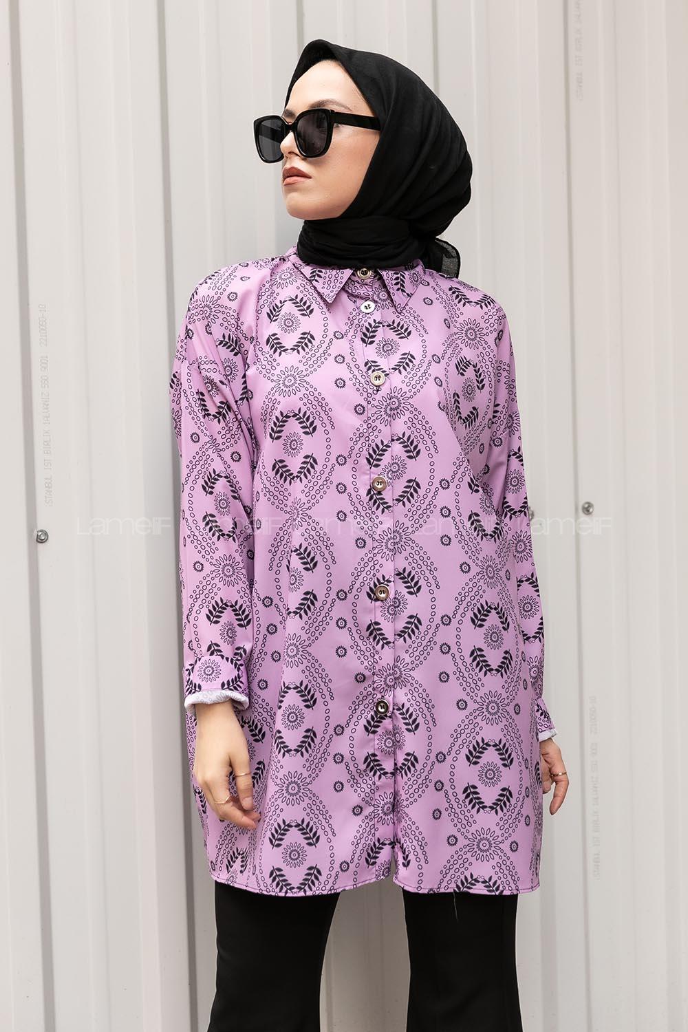 Modalamelif Etnik Desen Dijital Baskı Gömlek Mor