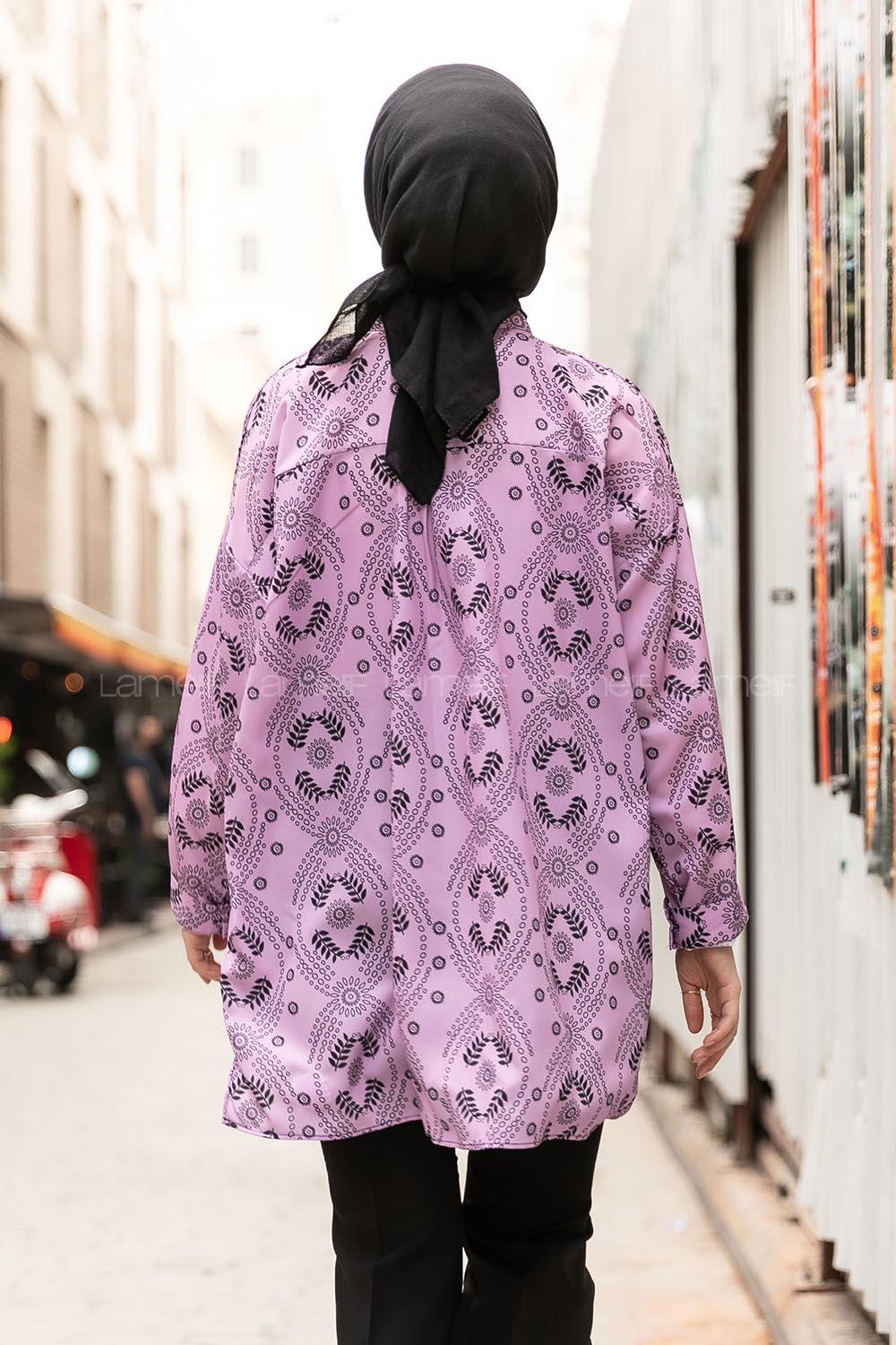 Modalamelif Etnik Desen Dijital Baskı Gömlek Mor