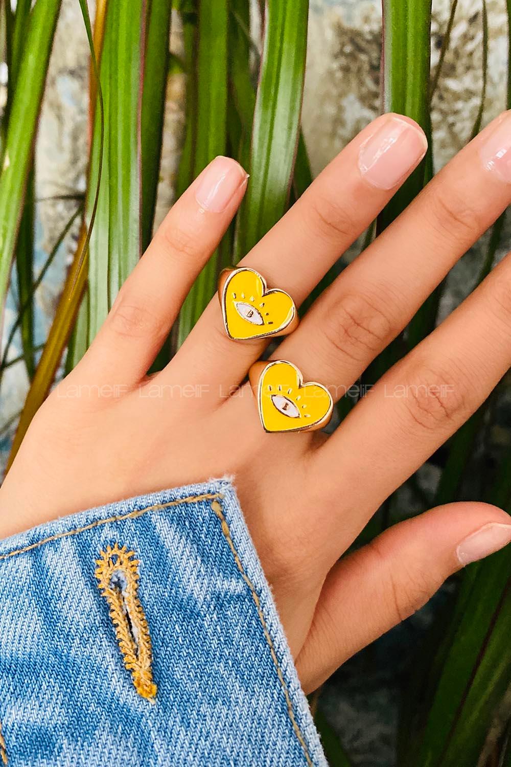 Modalamelif Sarı Mineli Kalp Gözlü Yüzük