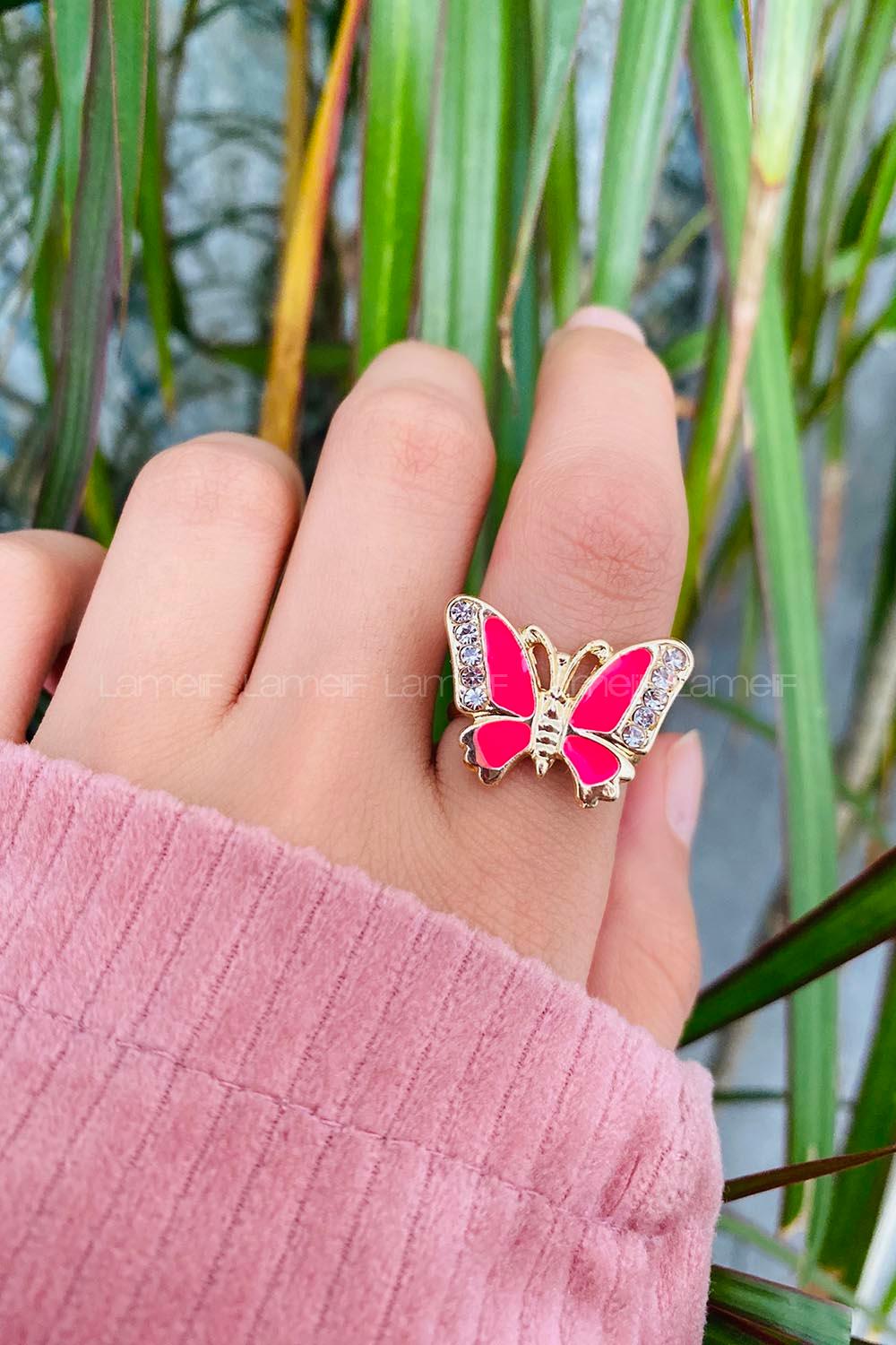 Modalamelif Sıcak Pembe Yeşili Kelebek Yüzük