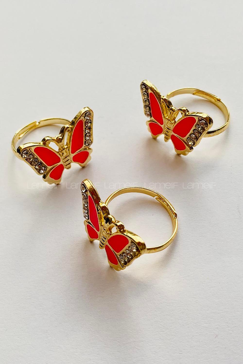 Modalamelif Sıcak Pembe Yeşili Kelebek Yüzük