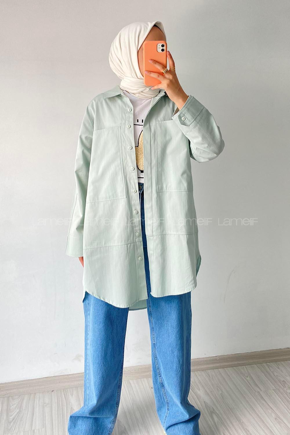 Modalamelif Önü Kısa Arkası Uzun Detaylı Cepli Gömlek Mint