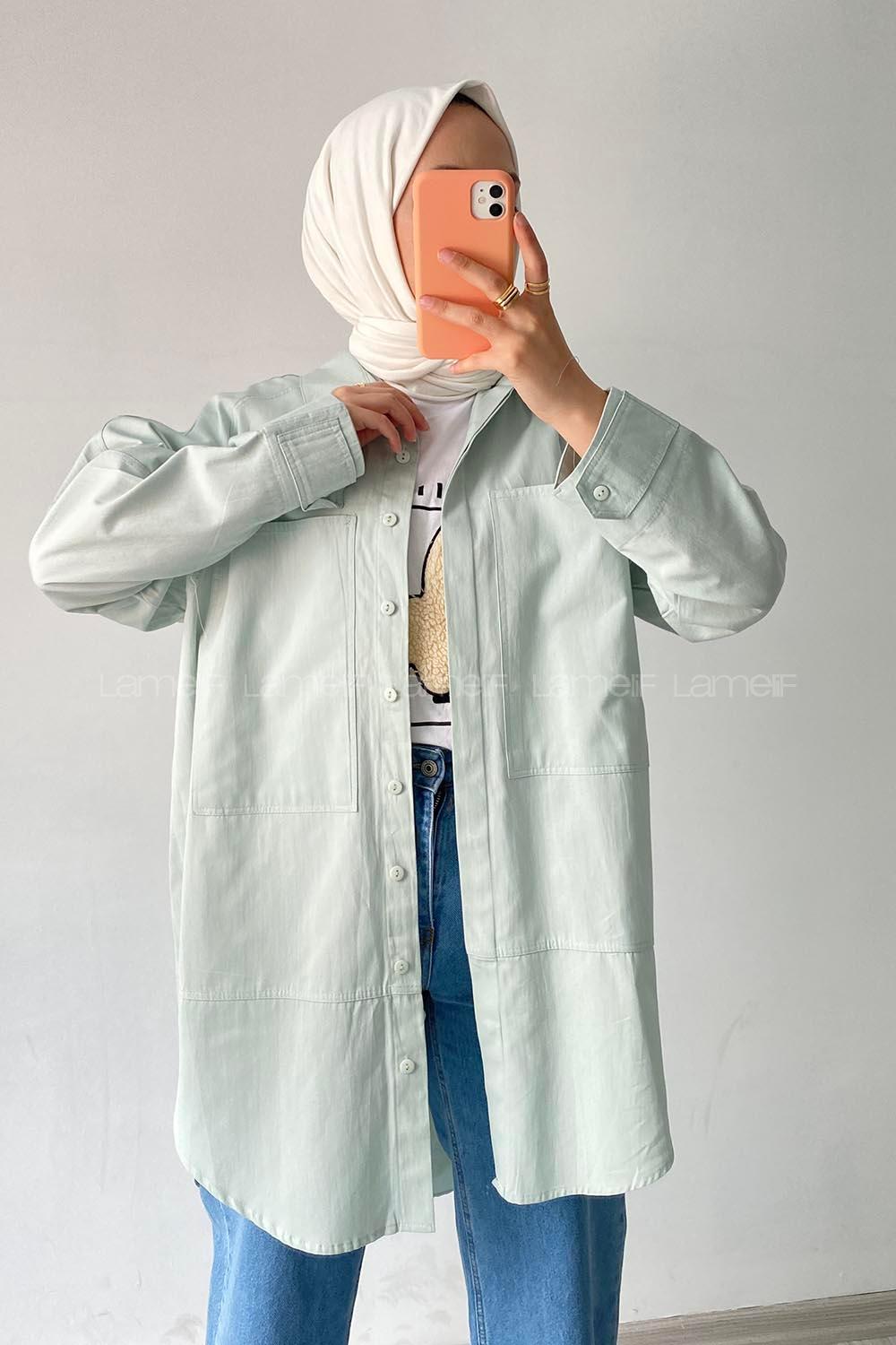 Modalamelif Önü Kısa Arkası Uzun Detaylı Cepli Gömlek Mint