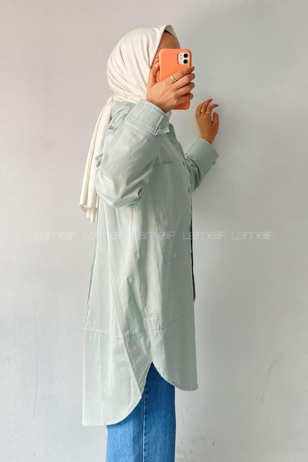 Modalamelif Önü Kısa Arkası Uzun Detaylı Cepli Gömlek Mint