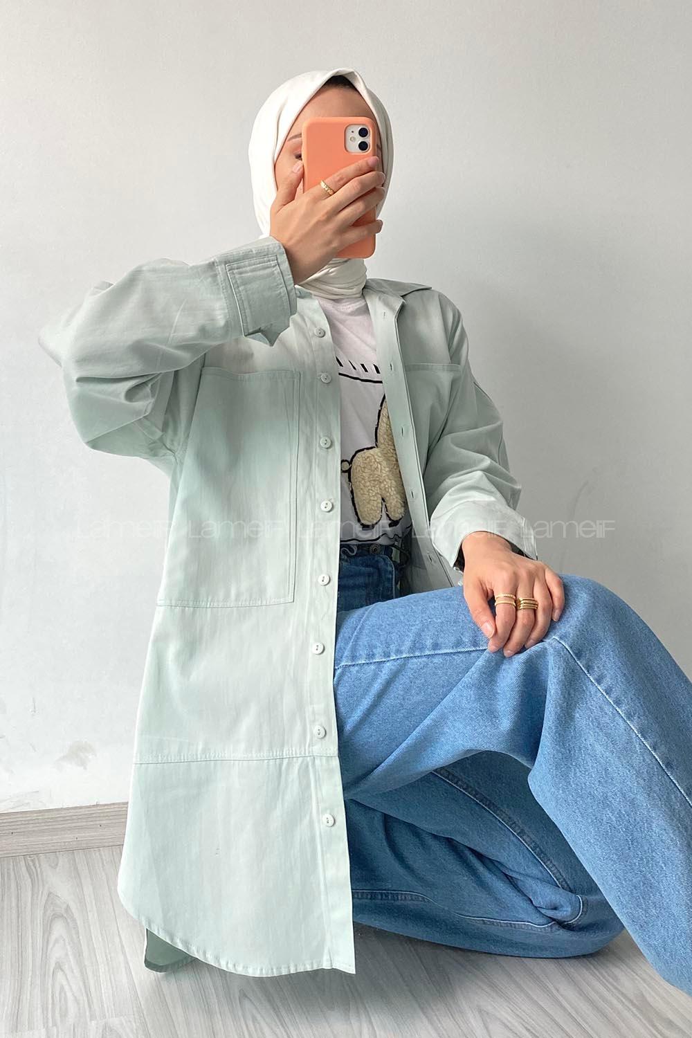 Modalamelif Önü Kısa Arkası Uzun Detaylı Cepli Gömlek Mint