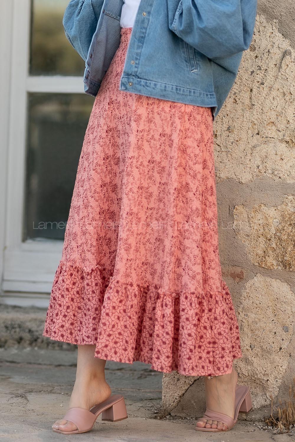 Modalamelif Çiçek Desenli Eteği Fırfır Detaylı Etek Gül