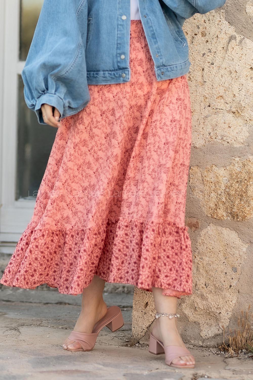 Modalamelif Çiçek Desenli Eteği Fırfır Detaylı Etek Gül