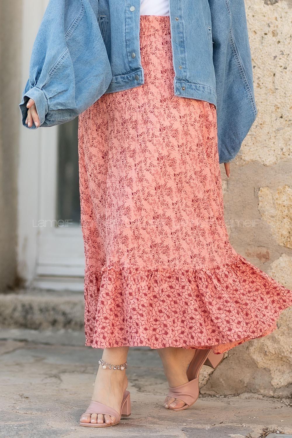 Modalamelif Çiçek Desenli Eteği Fırfır Detaylı Etek Gül